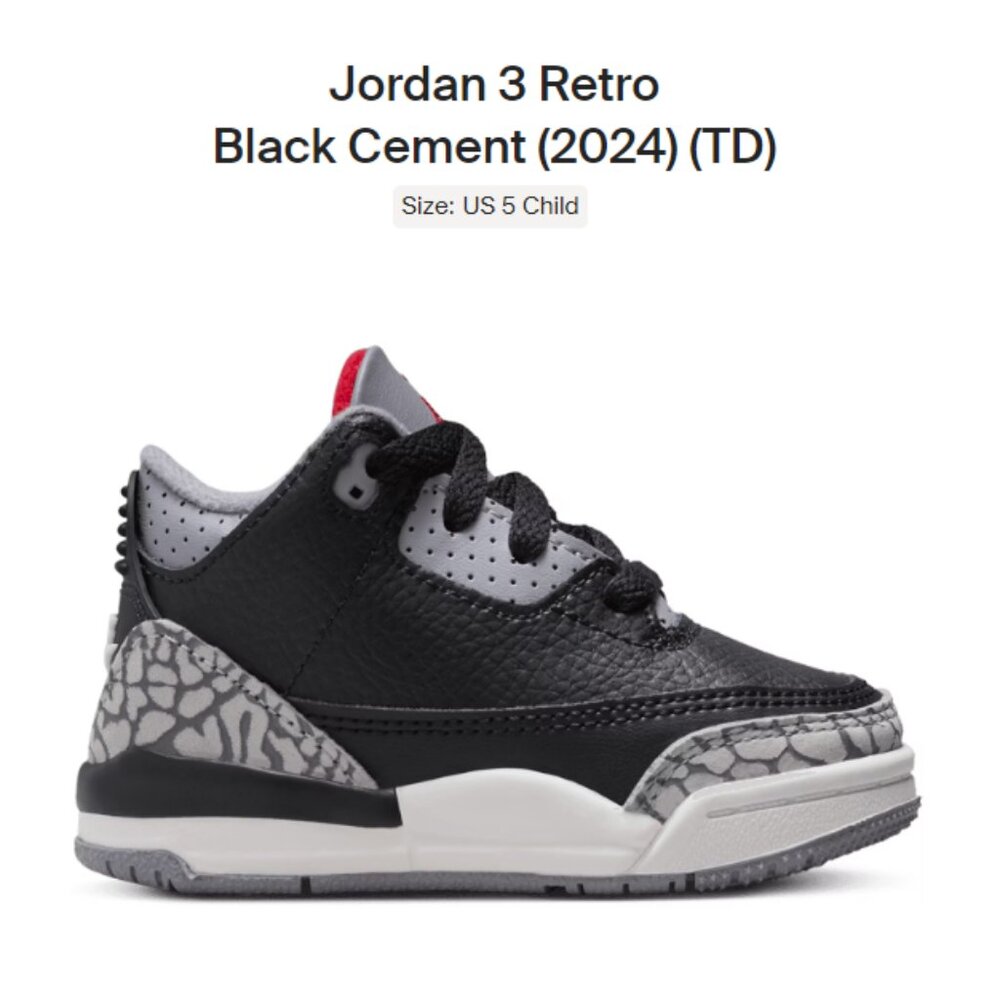 Baby Size 5c - Jordan 3 Retro Black Cement (2024) (TD) DM0968-010 Authentic New!